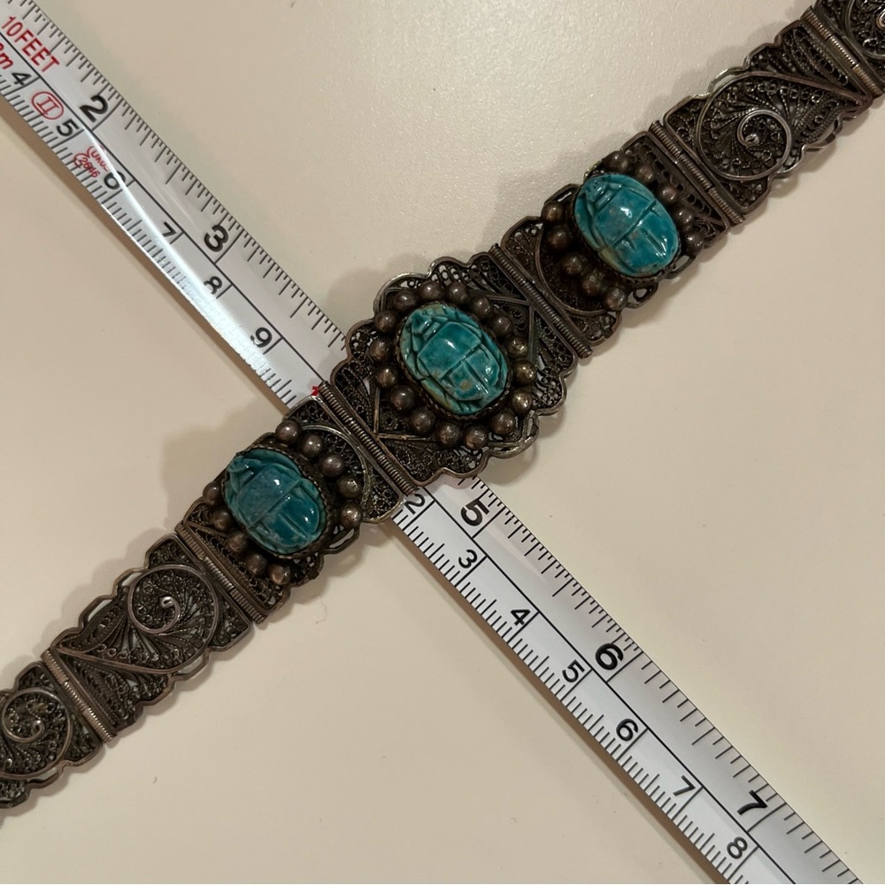 Antique Art Deco Sterling Silver Egyptian turquoise Scarab Beetle wide Bracelet - Picture 9 of 17